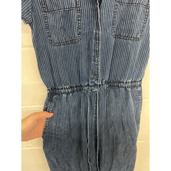 J.Crew Sz 0 Blue Short Sleeve Wide Leg Pinstripe Drawstring Lyocell Jumpsuit 1pc - Picture 4 of 6
